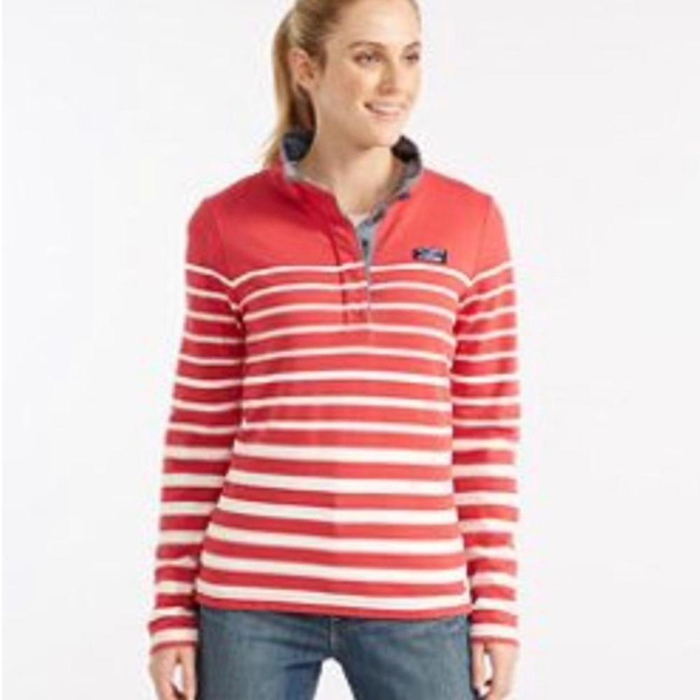 LL Bean soft cotton rugby stripe shirt, 1/4 button front, salmon size medium